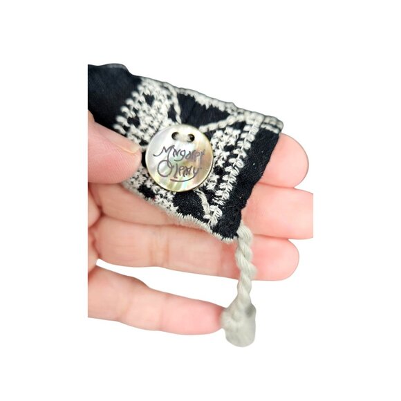 Margaret O'Leary Embroidered Navy Blue Cream Tassel Trim Scarf Shawl Wrap Boho - Picture 2 of 5